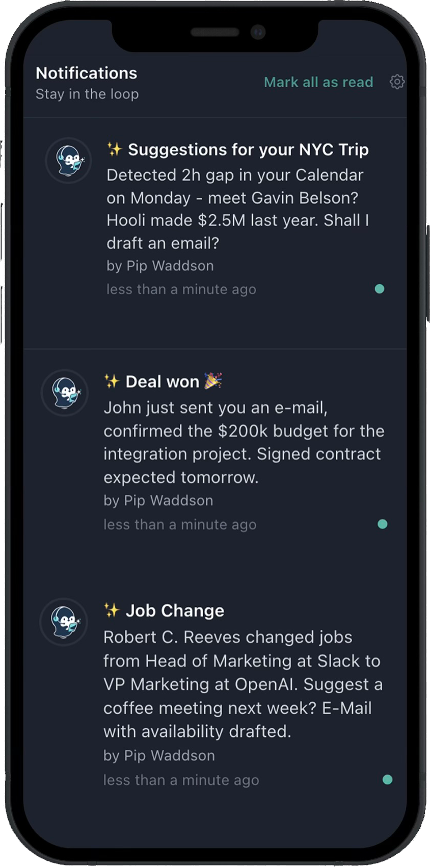 Vendis notifications on a phone: suggestions, deal updates and job changes